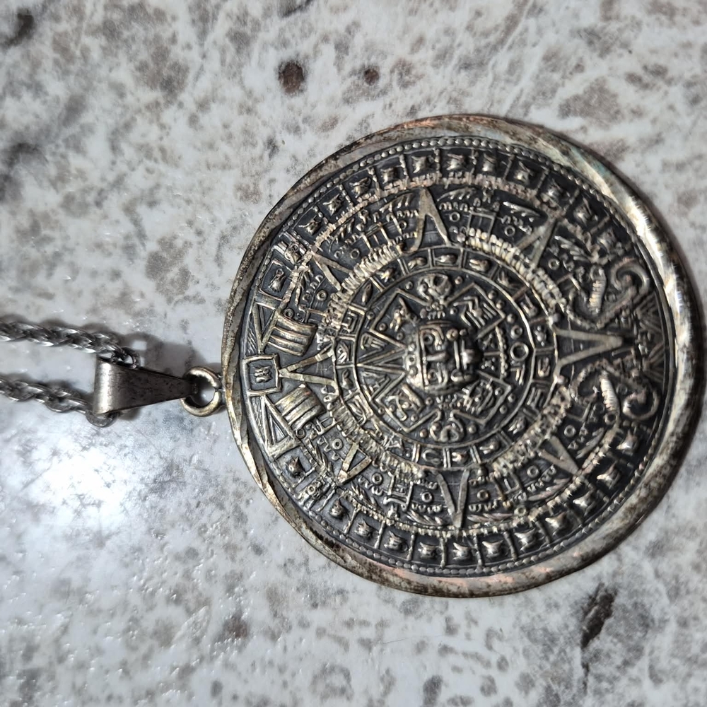 Aztec Calendar Silver Pendant Necklace